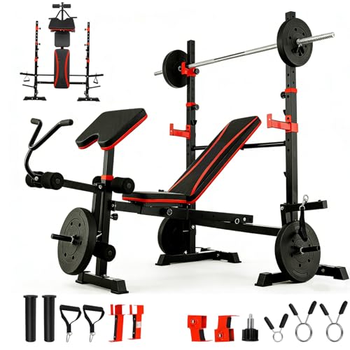 1500LB 8 IN 1 Olympic Weight Bench with Lat Pulldown and Leg Extension/Curl, Foldable Bench Press with Preacher Curl & Squat Rack, Workout Benches with Safety Bar Catches for Home Gym(US Stock) - color: red dark