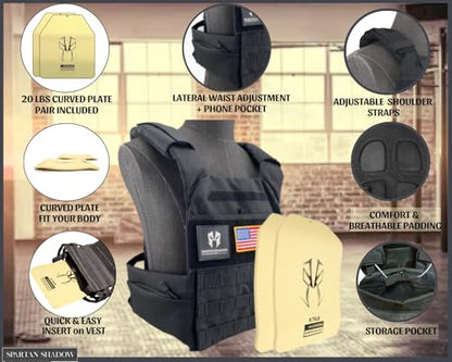 Weighted Vest Men 20lbs with weights : Curved Weight Vest Plates Pair Included - 20 Pounds workout vest with phone pocket. 20lb Weighted Vest for Men and Women with adjustable weights - Chaleco con peso para entrenar- Murph Vest, Wods, Training, Running,
