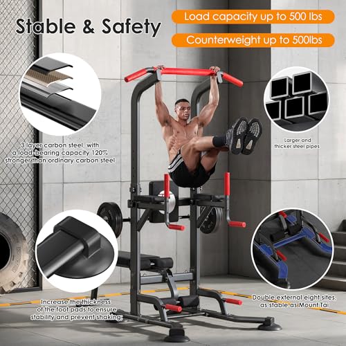 soges Pull Up Bar Dip Station, Power Tower with Folding Dumbbell Bench & Backrest, Adjustable Height Pull Up Bar Stand, Multi-Function Home Gym Strength Training Fitness Equipment 330LBS