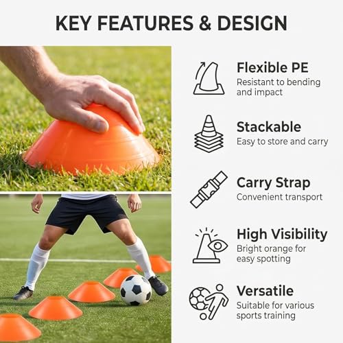 20Pcs Orange Soccer Disc Cones with Carry Strap Multi-Sport Training Cones Agility Soccer Football Markers for Sports Drills Practice Outdoor