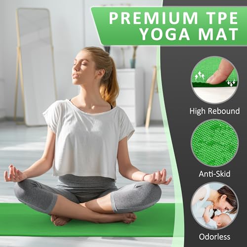 Signature Fitness All Purpose 0.25 Inch Thick High Density No Tear Exercise Yoga Mat with Strap & Lightweight Features for Indoor & Outdoor Use, Green