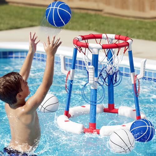 HYES 2 in 1 Pool Basketball Hoop with Ring Toss, Floating Pool Toys, Red - style: without backboard