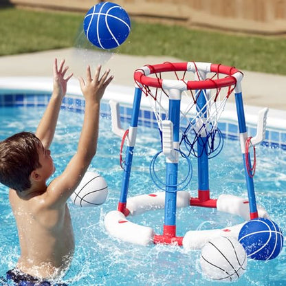 HYES 2 in 1 Pool Basketball Hoop with Ring Toss, Floating Pool Toys, Red - style: without backboard