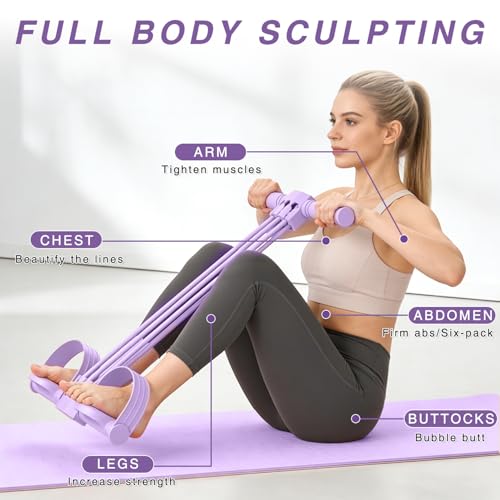Upgraded Pedal Resistance Bands with Handles, 6-Tube Multifunction Stretching Workout Band for Abdomen Waist Arms Legs Training, Exercise Bands for Women (Purple)