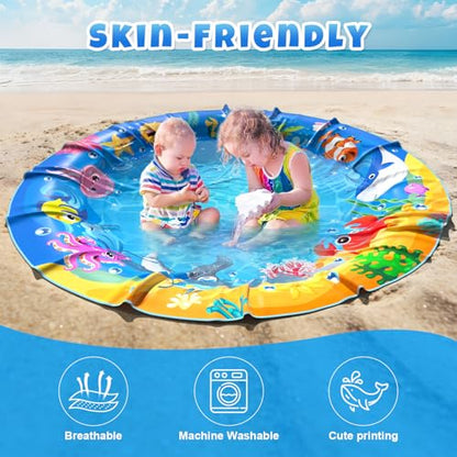 4.9 X 4.9 Feet Baby Beach Pool, Waterproof Beach Pool Blanket for Toddler, 2 in 1 Toddler Paddling Pool with Carrying Bag, Collapsible Beach Puddle Mat for Boys Girls Kids Infant Outdoor Beach Toys - color: Ocean Blue-3
