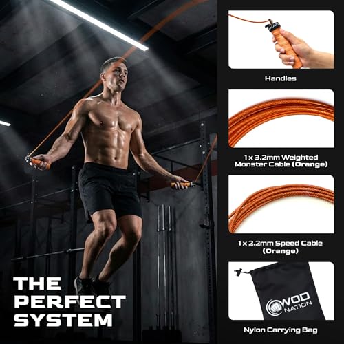 WOD Nation Attack Speed Jump Rope Adjustable Dual-Cable Skipping Rope for Men, Speed & Weighted Options, Fast Fold-Over Adjustment Durable Adult Boxing Rope for Fitness, Cardio Home Gym & Cross Training - color: Orange