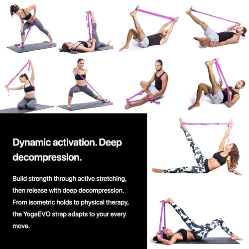 YOGA-EVO Elastic Stretching Strap with Loops for Physical Therapy - Stretch & Activate Muscles - Increase Mobility & Recovery - Soft Cotton & Spandex - Includes Carrying Pouch & Video Exercises - color: Purple