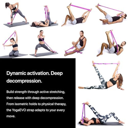 YOGA-EVO Elastic Stretching Strap with Loops for Physical Therapy - Stretch & Activate Muscles - Increase Mobility & Recovery - Soft Cotton & Spandex - Includes Carrying Pouch & Video Exercises - color: Purple