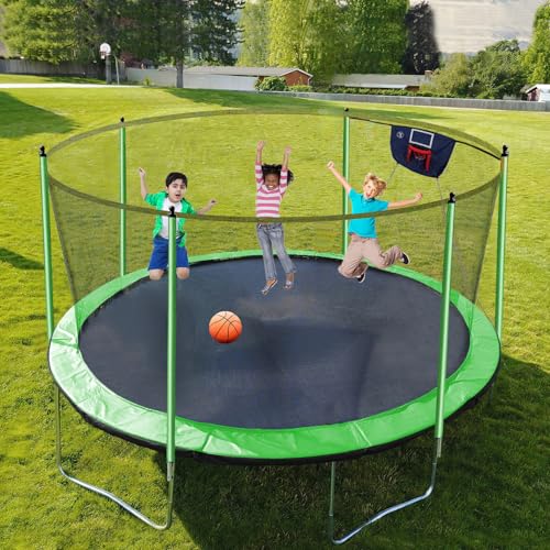1500LBS 10FT 12FT 14FT 15FT 16FT Trampoline for Kids Adults with Sprinkler, Lights with Music Speaker, Socks, Water Ball, Heavy Duty with Basketball Hoop, Enclosure Net, Ladder