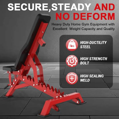 Strength Weight Bench 32 Adjustable Positions Training Benches - Heavy Duty Home Gym Equipment with 1300 LBS Weight Capacity Durable Steel Construction Incline Decline Bench for Full Body Workout - color: Red