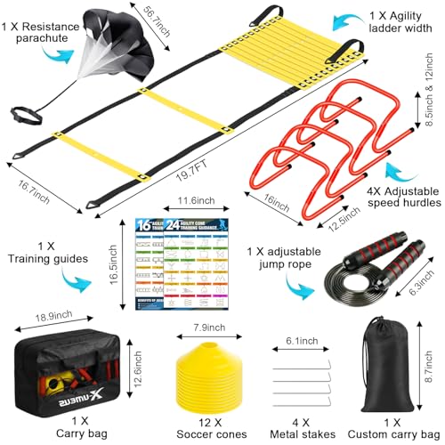 Agility Ladder Speed Training Equipment Set-20ft Agility Ladder,12 Soccer Cones,4 Hurdles, Jump Rope, Running Parachute| Basketball Football Soccer Training Equipment for Kids Youth Adults - color: yellow