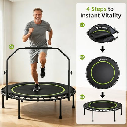 40"/46"/50" Bungee Rebounder Trampoline for Adults, 460LBS Low Impact Quiet Foldable Mini Trampoline, Easy Assembly Indoor Fitness Rebounder with Handle for Whole-Body Workout