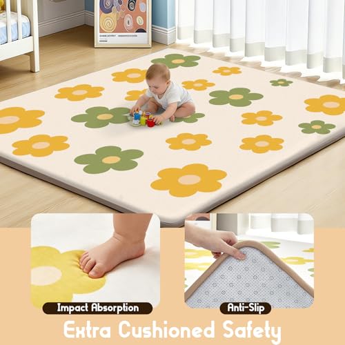 Baby Play Mat for Floor, 1.3-Inch Thickened Foam Soft Padded Playmat for Tummy Time, 59x79 Water-Repellent Coral Velvet Playpen Mat for Toddlers Infant Kids, Floral Prints