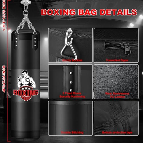 Punching Bag for Adults, 4FT PU Heavy Boxing Bags with Chain Ceiling Hook, Hanging Boxing Bag for Kickboxing Muay Thai Karate Judo Taekwondo Home Gym Training, Unfilled - style: Fighter