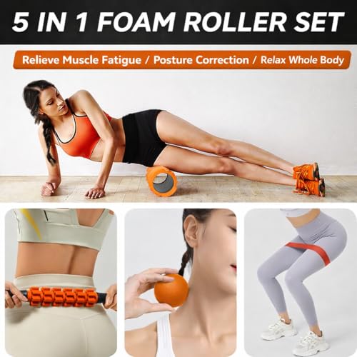 5 in1 Foam Roller Set, Trigger Point Foam Roller, Massage Roller Stick, Massage Ball, Resistance Band for Deep Muscle Massage Pilates Yoga,Fitness Exercise for Whole Body