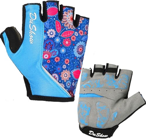 DuShow Women Half Finger Cycling Gloves, Pattern Printed with Anti-Slip Shock-Absorbing Pad for Road/Mountain Biking, Gym – Short Fingerless - color: Blue, size: Small