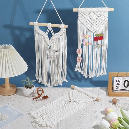 AHANDMAKER 3Pcs Macrame Hair Bow Holder Boho Wall Hair Clips Hanger Headband Storage Organizer Hanging Hairs Bow Organizer Tassels Bows Organizer Wall Hanging Decoration for Bedroom Living Room