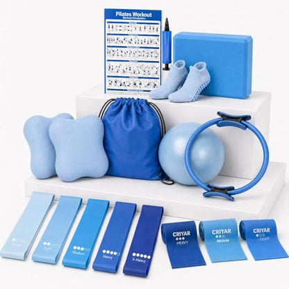 Pilates Kit, Home Pilates Equipment for Women, Workout Kit with 14.5" Pilates Ring and Ball,Yoga Block, Yoga Knee Pad Mats, Resistance Bands, Grip Socks Accessories，Blue