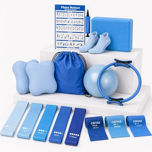 Pilates Kit, Home Pilates Equipment for Women, Workout Kit with 14.5" Pilates Ring and Ball,Yoga Block, Yoga Knee Pad Mats, Resistance Bands, Grip Socks Accessories，Blue