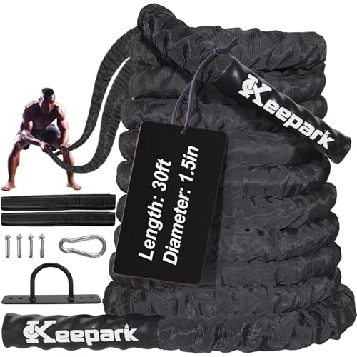 Battle Ropes for Home Gym Exercise: 1.5 Inch Diameter 30FT Length Workout Exercise Rope Training Ropes with Protective Sleeve, Heavy Battle Rope for Workout Exercise Fitness & Strength Training - style: 1.5IN-30FT