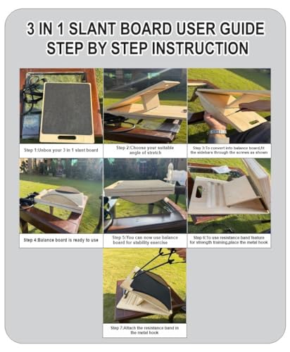 3-in-1 Portable Wooden Slant Board, Balance Board & Resistance Band – 5 Incline Angles –Incline Board – Slant board for exercise, Squats, Physical Therapy – Anti-Slip Surface, Portable, Metal Hook