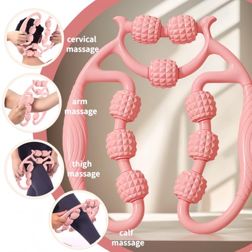 9-Wheel Muscle Massage Roller, Pink, PP+ABS Material, Adjustable for Cervical Arm Thigh Calf Massage, 10.24in x9.45in