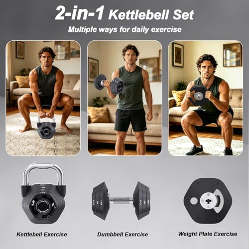 2-in-1 Adjustable Kettlebell, 15-45lbs Kettlebells Weight Set | Converts to 5.9-30.9lbs Adjustable Dumbbell, Home Gym, Strength Training, Full Body Workout, Cast Iron - color: Charcoal