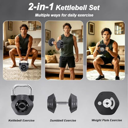 2-in-1 Adjustable Kettlebell, 15-45lbs Kettlebells Weight Set | Converts to 5.9-30.9lbs Adjustable Dumbbell, Home Gym, Strength Training, Full Body Workout, Cast Iron - color: Charcoal
