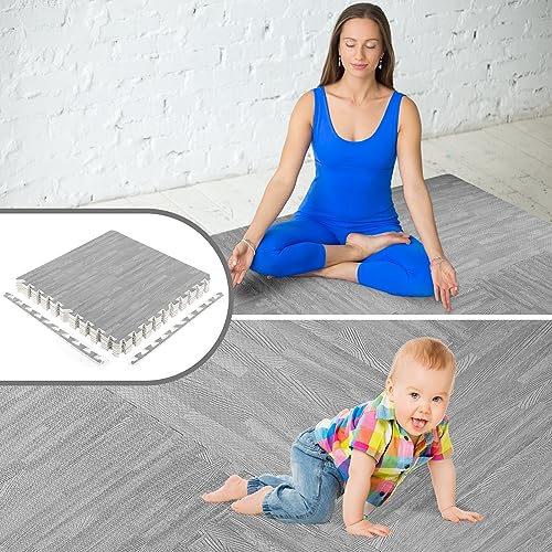 Wood Grain Floor Foam Mats with Border, Wood Printed Interlocking Foam Tiles Anti Fatigue Flooring Mat(24 x 24 Inch, Gray)