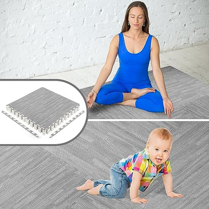 Wood Grain Floor Foam Mats with Border, Wood Printed Interlocking Foam Tiles Anti Fatigue Flooring Mat(24 x 24 Inch, Gray)