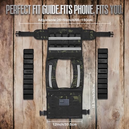 KRYLIX Adjustable Weighted Vest 0-40 lbs with Front Storage Pocket Solid Removable Iron for Muscle Building Workout Secure Waist Fit for Men Man Camo Tactical Military