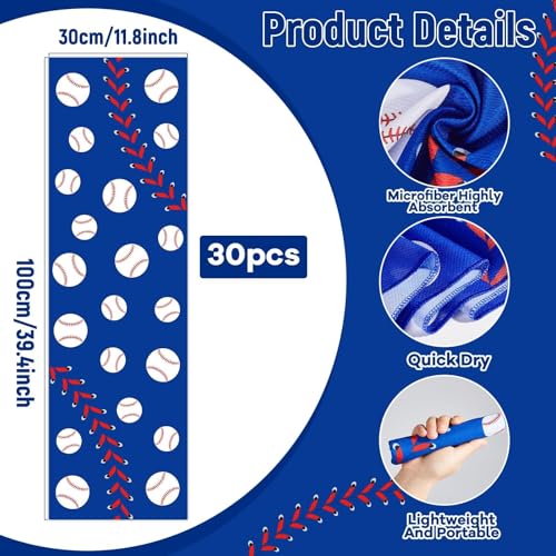 30Pcs Baseball Softball Cooling Towels for Neck and Face 40 x 12 Inch Baseball Sports Team Gifts Microfiber Breathable Workout Ice Towel Sweat Chilly Bulk Neck Wraps for Athletes Gym Camping Blue