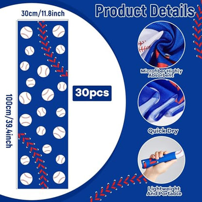 30Pcs Baseball Softball Cooling Towels for Neck and Face 40 x 12 Inch Baseball Sports Team Gifts Microfiber Breathable Workout Ice Towel Sweat Chilly Bulk Neck Wraps for Athletes Gym Camping Blue