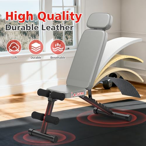 XDDIAS Workout Bench, 10 Backrests Adjustable Weight Bench with Extended Headrest, 800LBS Foldable Weight Bench for Home Gym, Incline Decline Flat Bench Compact for Small Space Training - color: Gray