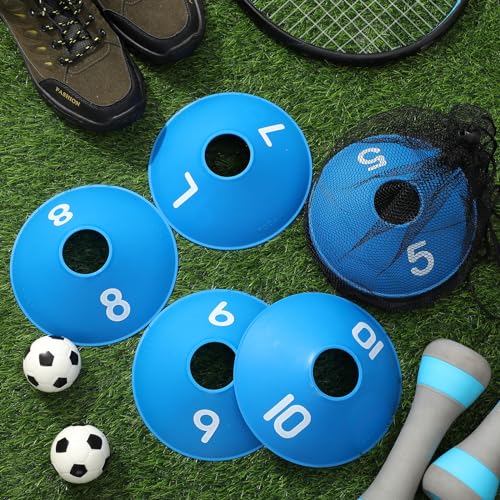 10 Pcs Numbered Sports Disc Cones 1-10 Soccer Cones with Mesh Carry Bag Flexible Agility Cones Soft Field Cones for Gym PE Classes School Activities Games, Sports Training Equipment