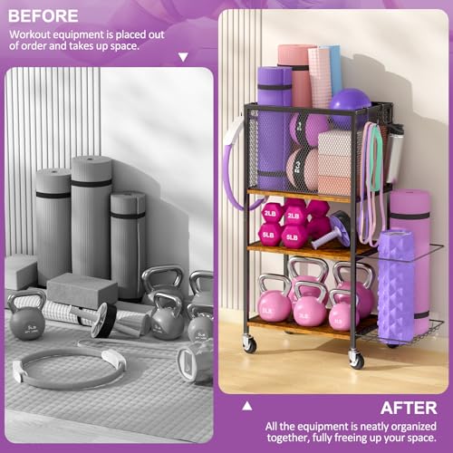 Dumbbell Rack, Yoga Mat Storage Holder, Home Gym Storage Rack, Workout Equipment Storage Organizer, Weight Storage Holder Rack with Hooks and Wheels