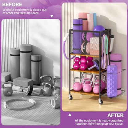 Dumbbell Rack, Yoga Mat Storage Holder, Home Gym Storage Rack, Workout Equipment Storage Organizer, Weight Storage Holder Rack with Hooks and Wheels