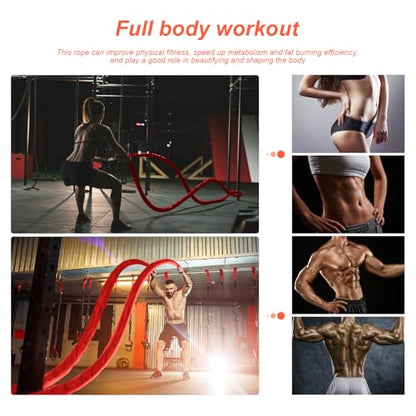 Battle Ropes for Home Gym Exercise - 1.5 Inch Diameter 30FT Red Battle Rope Workout Exercise Training Ropes with Protective Sleeve for Kids Men Women Exercise Fitness & Strength Training