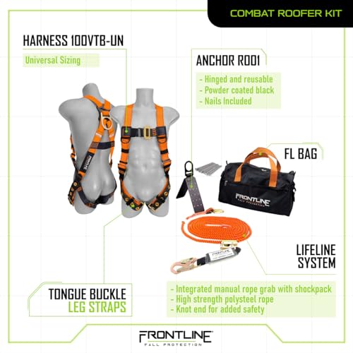 Frontline Combat Complete Roofers Kit with 50' Lifeline Combat™ Full Body Harness | OSHA & ANSI Compliant - size: 50FT Lifeline