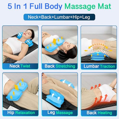 Full Body Massage Mat with Heat, 3D Stretching Back Massager Pad for Bed Sofa Floor, Lumbar & Neck Support, 4 Modes 3 Intensities 3 Heat Levels, Portable & Foldable, PU Leather, Gift for Dad/Mom