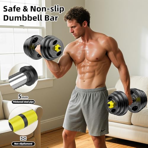 Adjustable Dumbbell Set, 10-90lbs Free Weights with Connector – 4 in 1 Dumbbells, Barbell, Kettlebell & Push Up Stand, Adjustable Weights Set for Home Gym Fitness Equipment for Men & Women - color: Yellow 30lbs (15lbs*2)