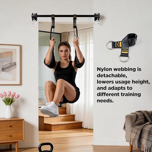 Wall Mounted Doorway Pull Up Bar, Carbon Steel Chin Up Bar and Pull Up Bar with Reinforced Steel Plate Support for Joists and Wall Studs, Strength Training Workouts（Black2-Hanging Ab Straps）