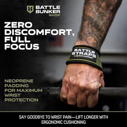 Battle Bunker Lifting Straps for Weightlifting – Padded Wrist Straps for Deadlifts & Pull-Ups – Reduce Wrist Pain, Improve Grip Strength & Lift Heavier – Gym Straps for Strength Training - color: OD Green