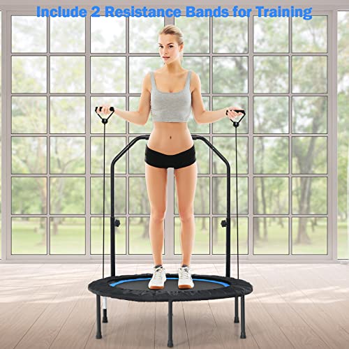 GYMAX Rebounder Trampoline for Adults, 40” Mini Exercise Trampoline with Height Adjustable Bar & Resistance Bands, 330LBS Foldable Workout Trampoline, Small Fitness Trampoline Indoor/Outdoor