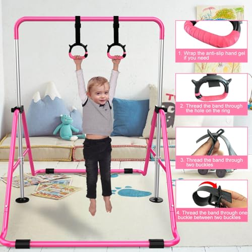 Expandable Gymnastics Bars, Adjustable Height Gymnastic Horizontal Bars, Children Folding Training Bar for Kids - color: Pink