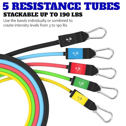 Bodylastics Patented Basic Series Resistance Band Set - Resistance Bands with Snap Reduction Tech, 2 Handles, 2 Ankle Straps, 1 Door Anchor & 1 Carry Bag