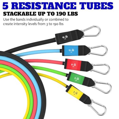 Bodylastics Patented Basic Series Resistance Band Set - Resistance Bands with Snap Reduction Tech, 2 Handles, 2 Ankle Straps, 1 Door Anchor & 1 Carry Bag