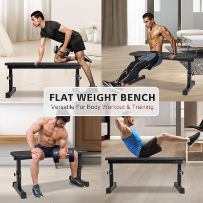 Flat Weight Bench, Adjustable Height Strength Training Bench, Heavy Duty Workout Bench for Home Gym, Multifunctional Exercise Bench Press for Full Body Exercises & Fitness, Home/Gym Easy Assembly