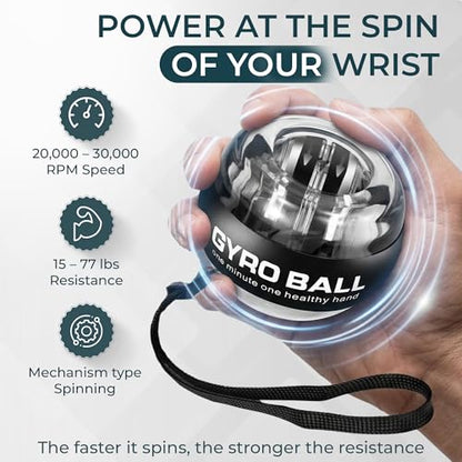 Torque Ball Wrist Trainer, Gyro Ball Hand Exerciser 20,000–30,000 RPM, Adjustable 15–77 lbs Resistance, Forearm Strengthener for Grip, Wrist & Arm Training, Wrist Strengthener Portable Fitness Ball with Strap