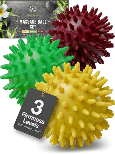 HELDSON® 3 Spiky Massage Balls Set [Soft, Medium, Hard] - Foot Roller Massager Spikes - Spike Trigger Point Ball for Back Pain Relief & Feet - Plantar Fasciitis Deep Tissue Therapy - Spikey Pressure
